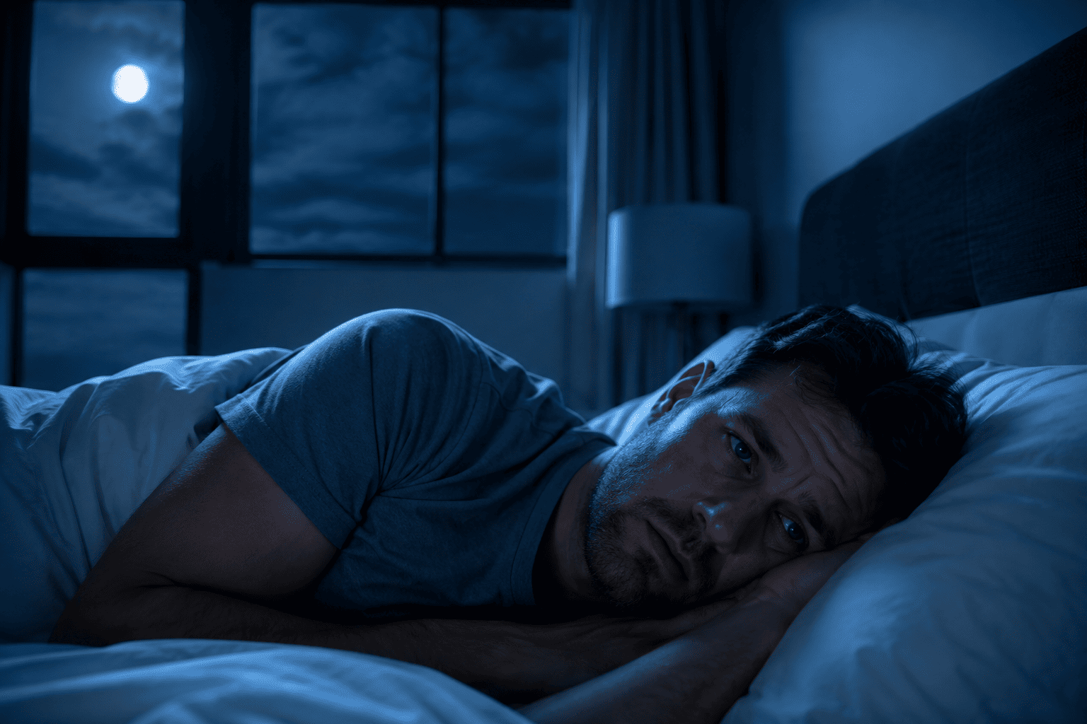 Hombre con insomnio y estrés nocturno